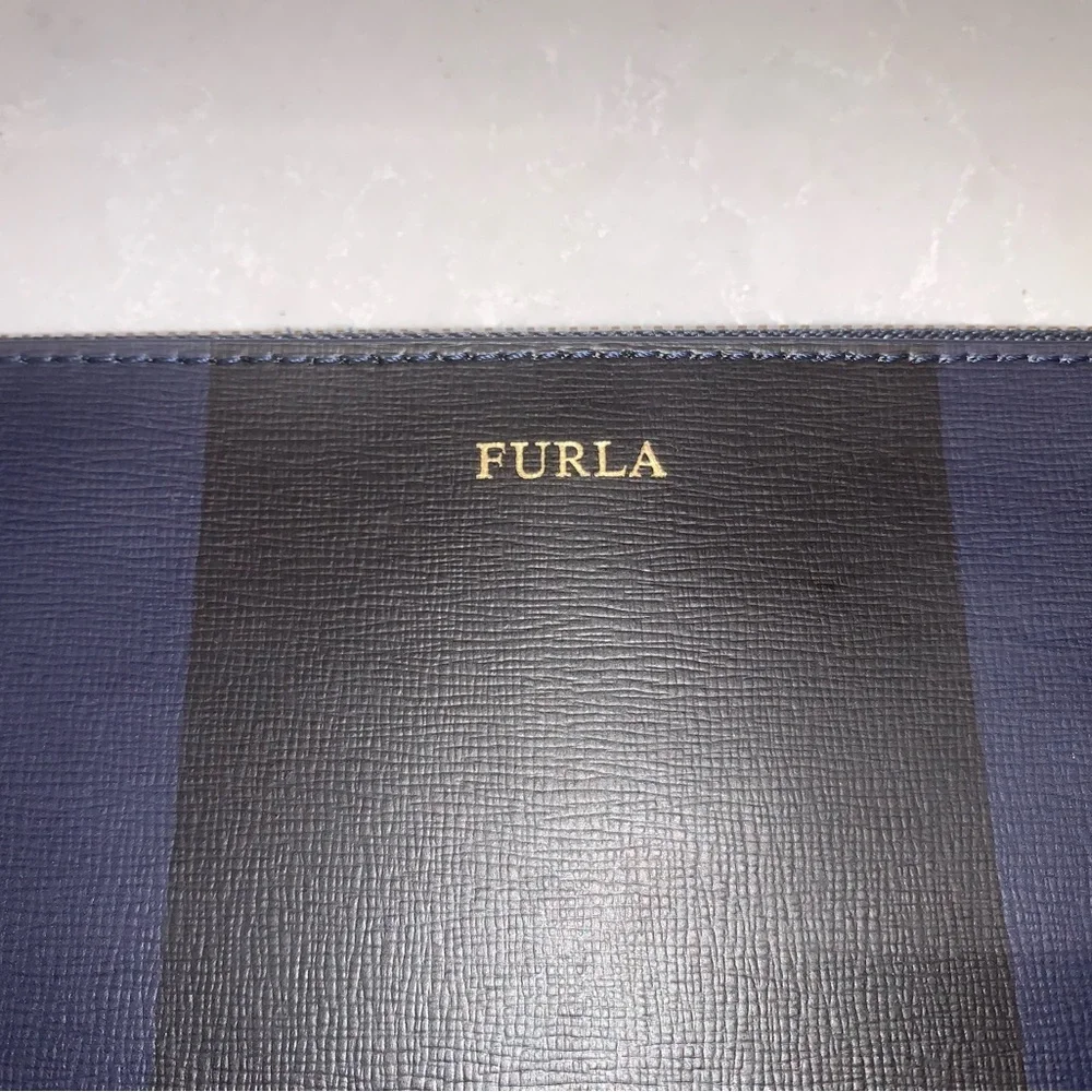 NWOT Furla Nautical Navy White Striped Leather Envelope Pouch Snaps - Picture 5 of 8